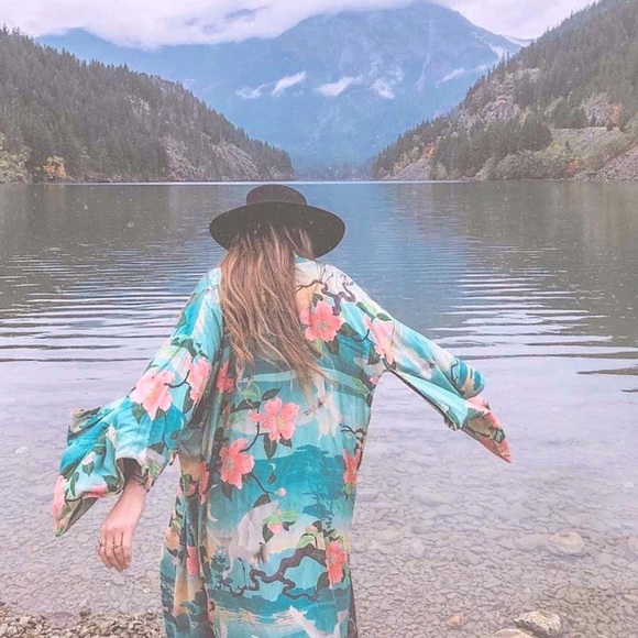 Perching Kimono robe / wrap / cover up turquoise & pink ( deep teal ) gift airy - Picture 3 of 16